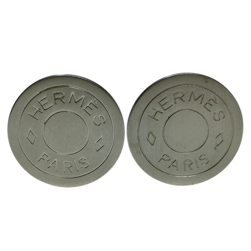 HERMES Hermes Sellier Round Logo Engraved Clip Earrings, Silver Color, Women's